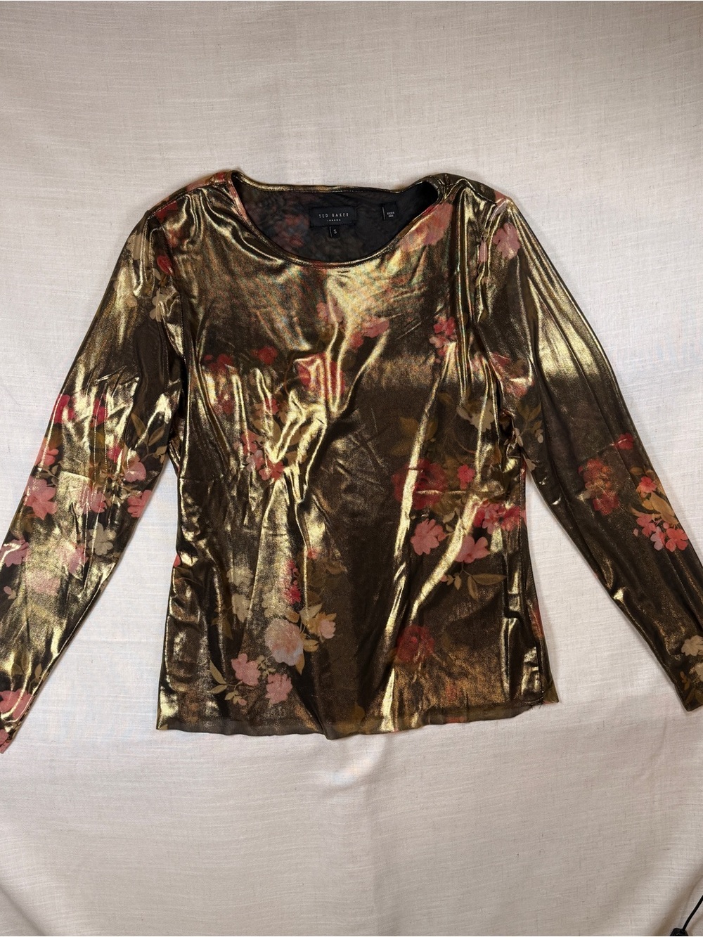Ted Baker Gold Metallic Floral Long Sleeve Tee with Pink Accents